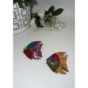 Vintage Hand Painted Wooden Fish Brooch Pair Colorful Tropical Pin Lot 1980s